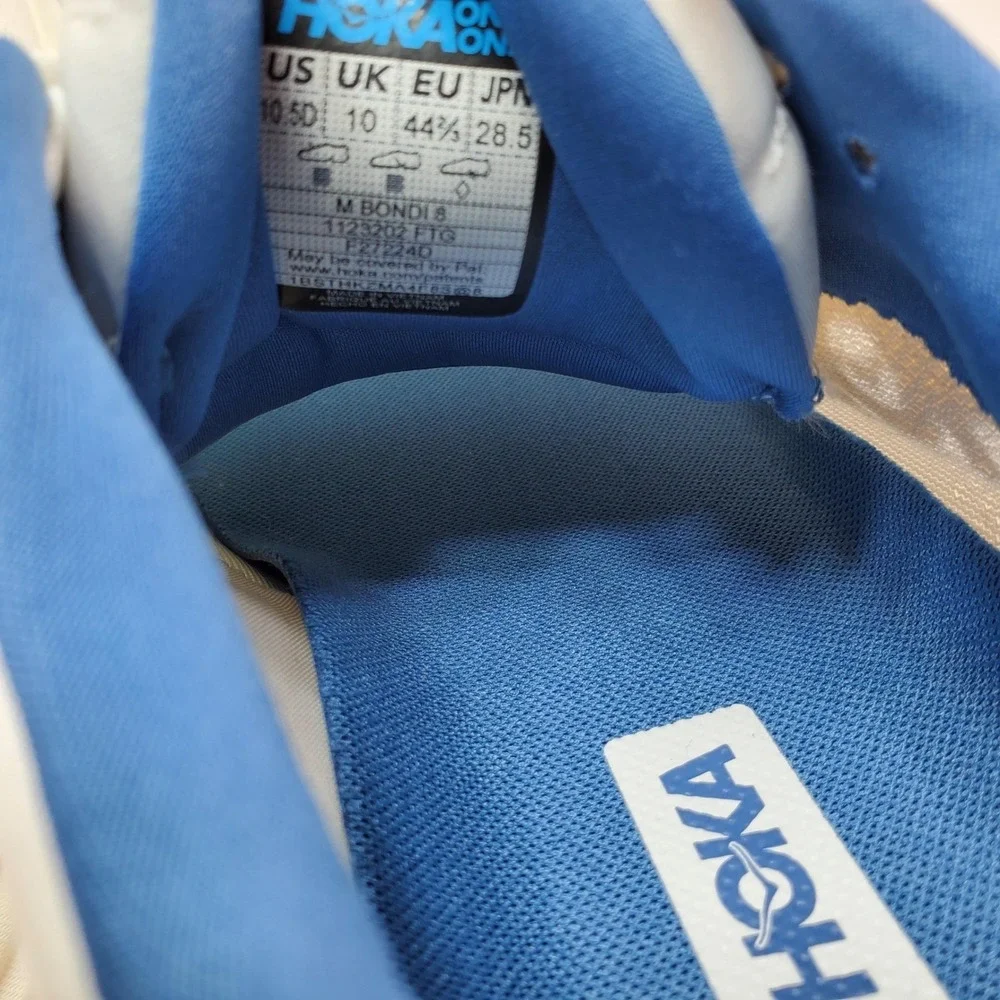 Hoka Bondi 8 Running Shoes Mens 10.5 White Gold Blue Cushioned Road Sneakers